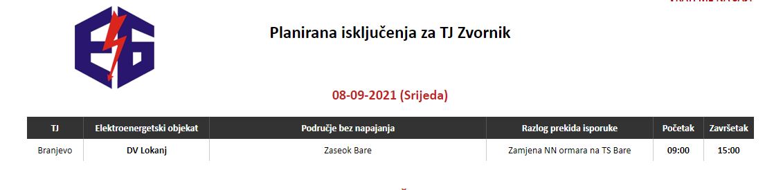 Danas bez struje jedno naselje na području teritorija grada Zvornik