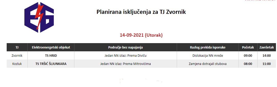 Danas bez struje dio Tršića i gradskog jezgra Zvornika