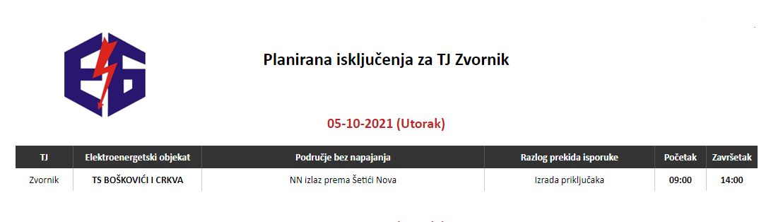 Danas bez struje korisnici iz jednog naselja na području Zvornika