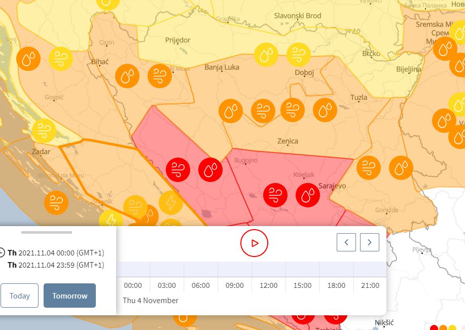 Crveni meteoalarm za BiH: Sutra nas očekuju obilne padavine i olujni vjetar