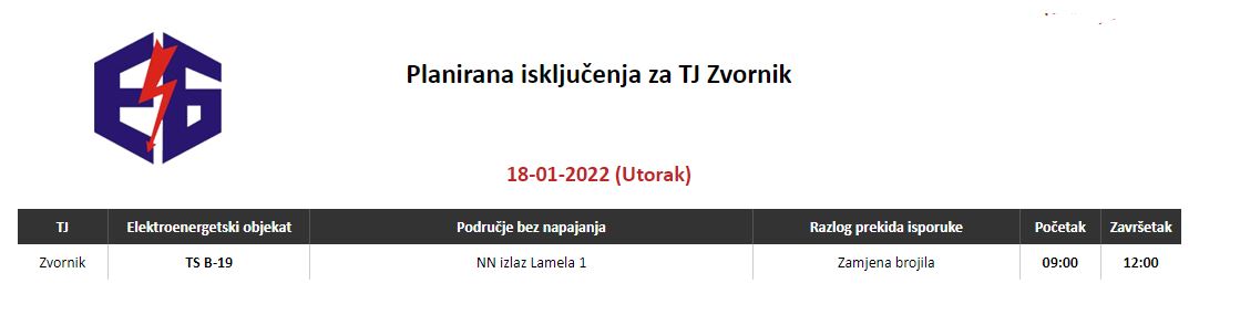 Ovog utorka prvo planirano isključenje električne energije na području Zvornika u 2022.godini