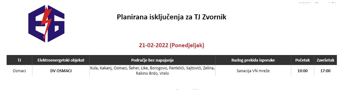 Ovog ponedjeljka bez struje 11 sela na području Terenske jedinice Zvornk