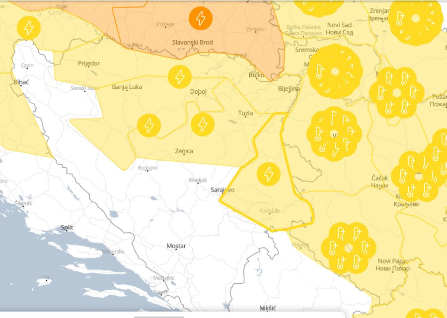 Upaljen žuti metealarm za područje Zvornika, Bijeljine, Tuzle, crveni meteoalarm za sjeverni dio Hrvatske