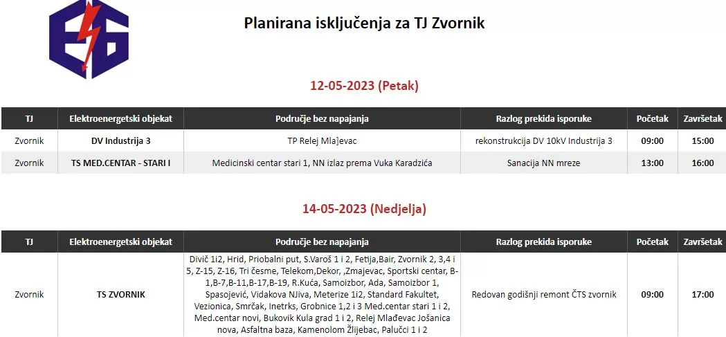 Danas bez struje dio centra Zvornika, a u nedjelju kompletan grad bez elektične energije