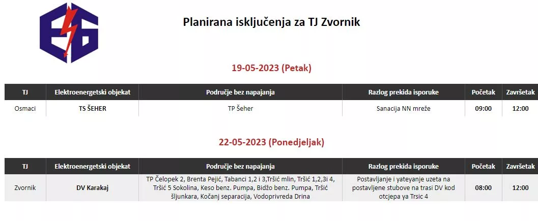 Danas bez struje korisnici jedne trafostanice na području Terenske jedinice Zvornik