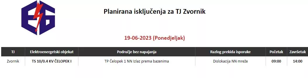 Ovog ponedjeljka bez struje korisnici iz jednog zvorničkog naselja