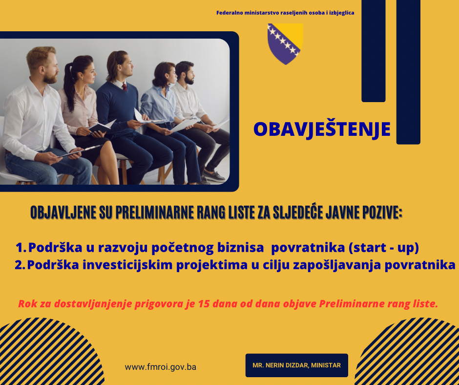 Objavljene rang liste korisnika programa "Start up" i "Investicijski projekti" od federalnog ministarstva raseljenih osoba i izbjeglica