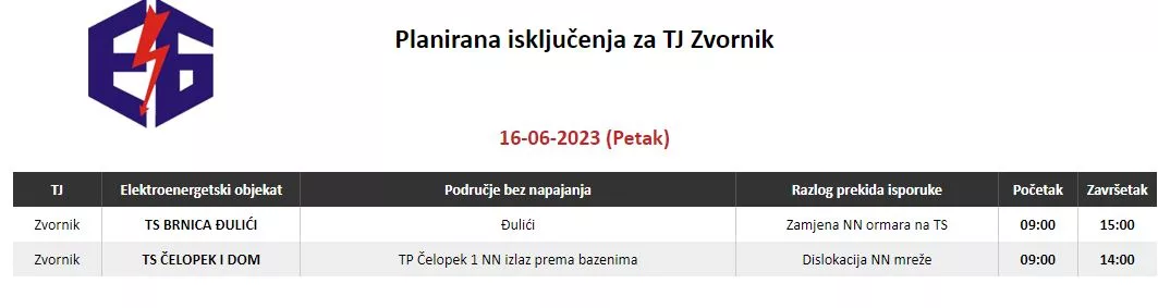 Danas bez struje korisnici iz dva naselja na području Zvornika