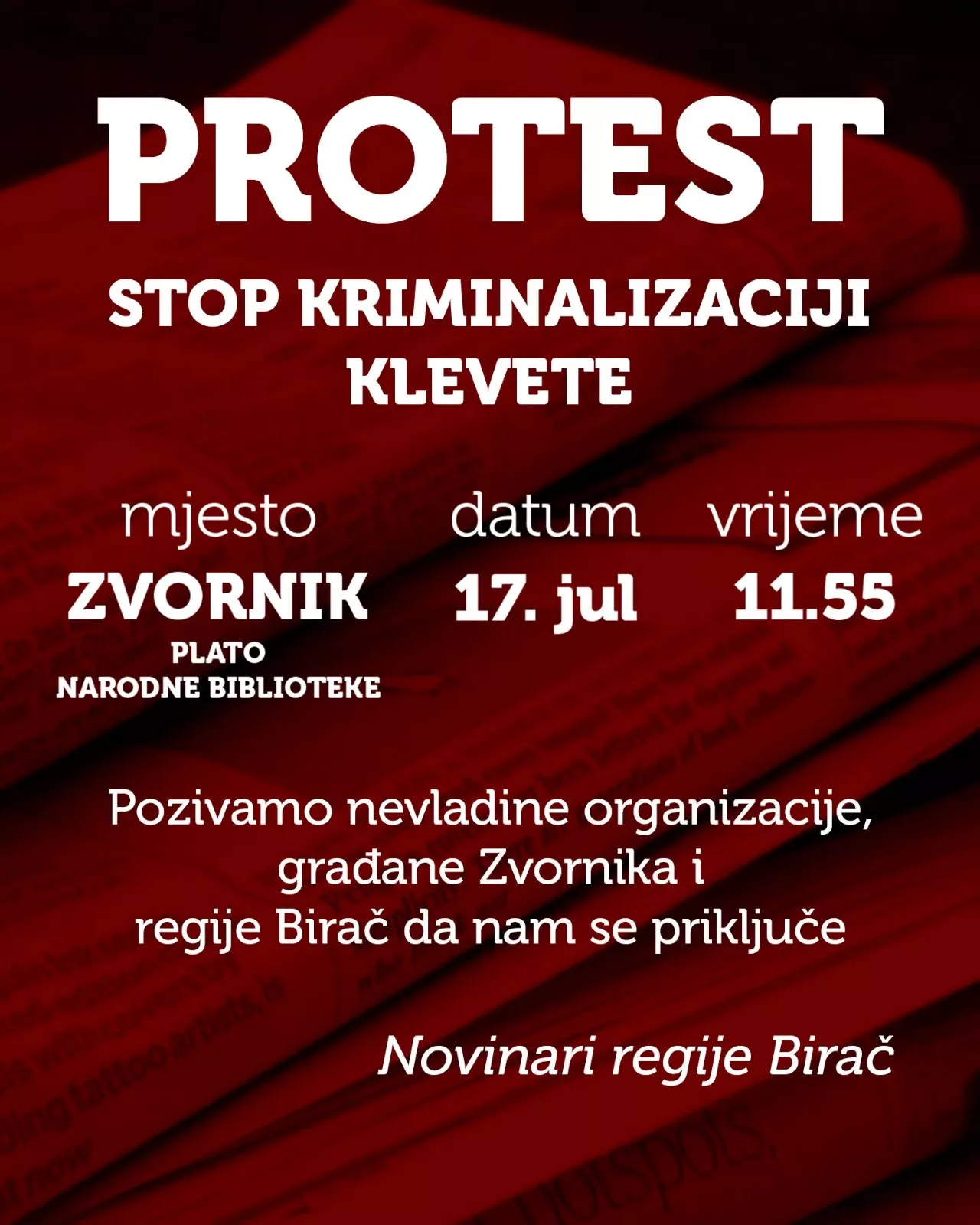 Danas u 11:55 protest u Zvorniku pod nazivom “STOP KRIMINALIZACIJI KLEVETE”