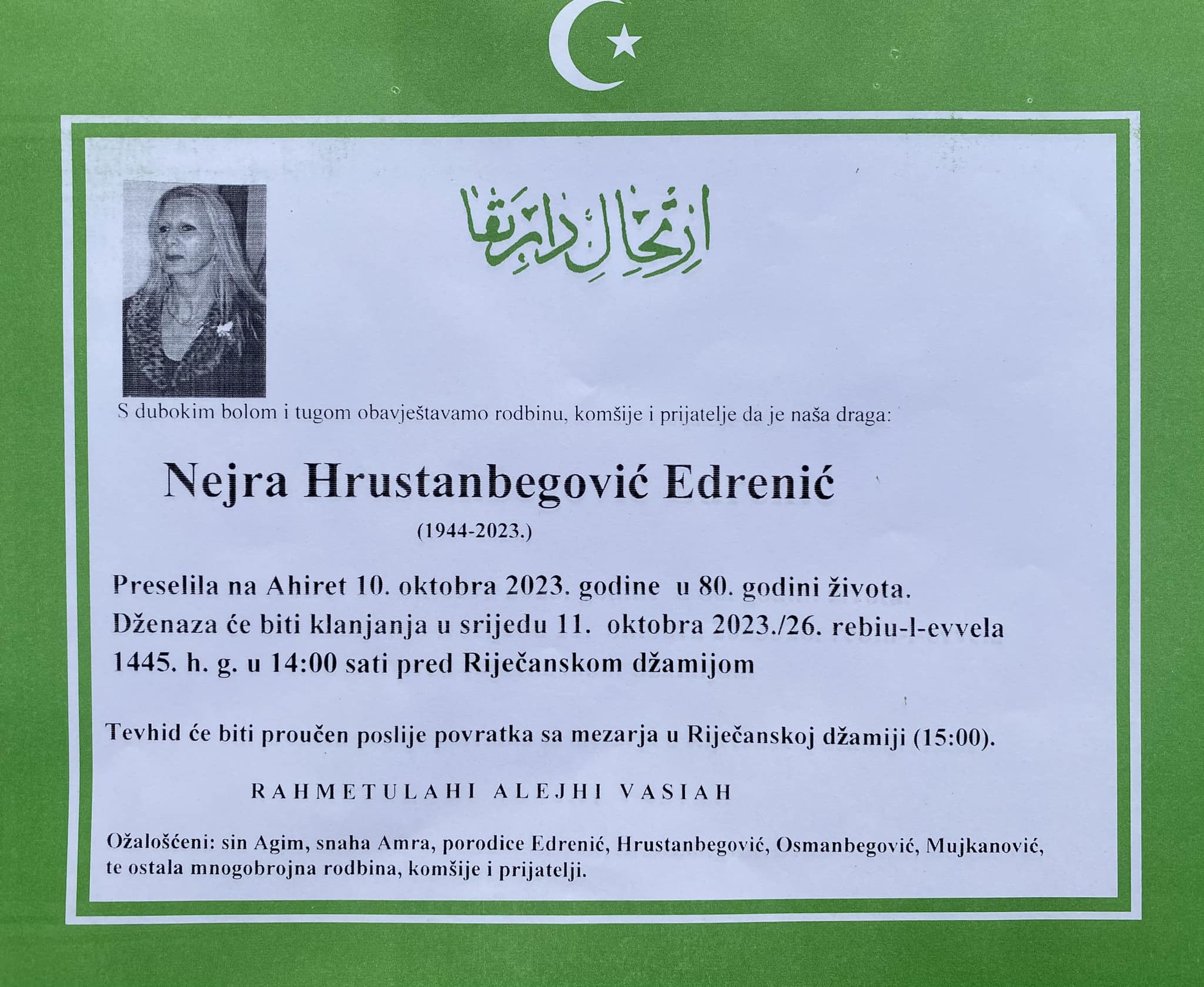 Zvornik ostao bez Nejre Edrenić Hrustanbegović, književnica, učiteljica, aktivista i veliki humanista biće sahranjena u rodnom gradu
