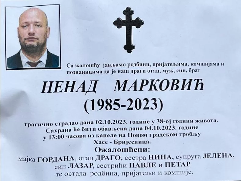 Danas sahrana Nenada Markovića, ubijenog inspektora u Bijeljini