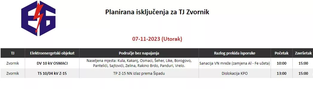 Ovog utorka bez struje dio centra Zvornika i dio opštine Osmaci