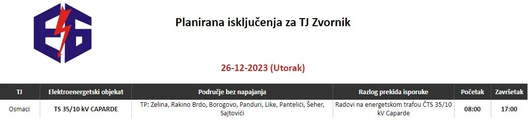 Ovog utorka cijelodnevni radovi na jednoj trafostanici na području Terenske jedinice Zvornik