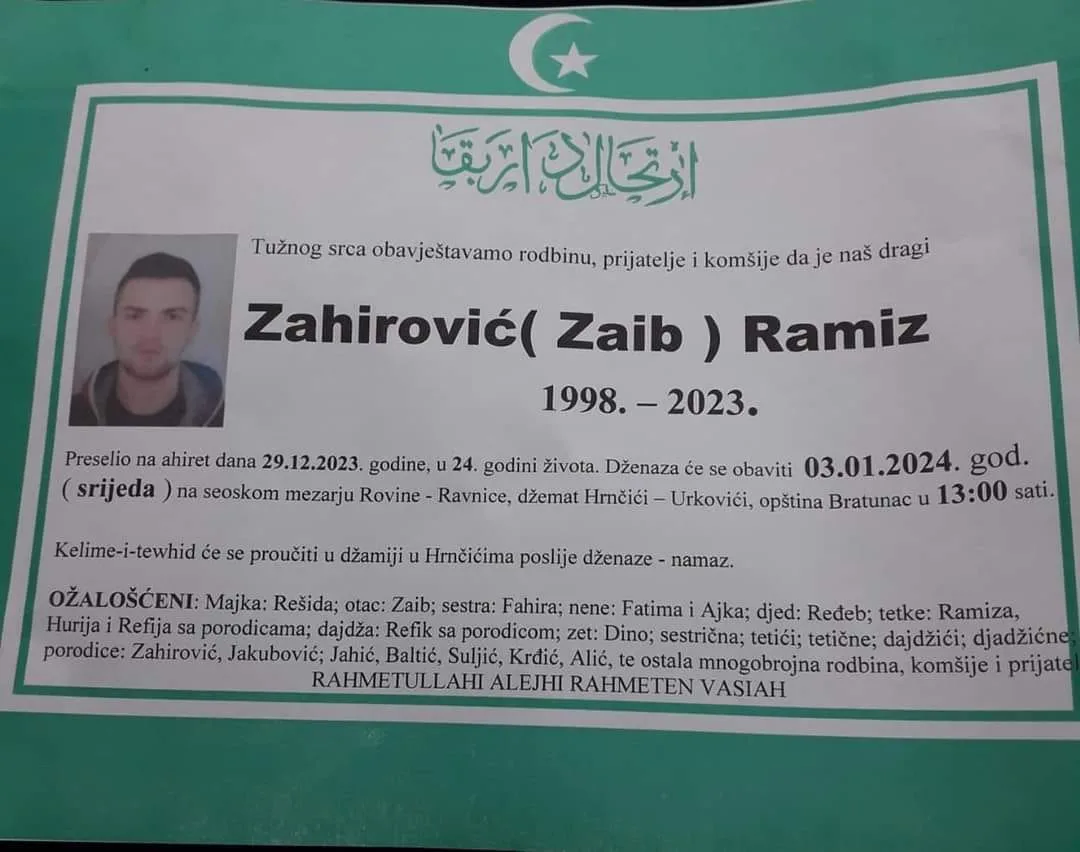 Poznato vrijeme dženaze i posljednje ispraćaja prerano preminulog Ramiza Zahirovića