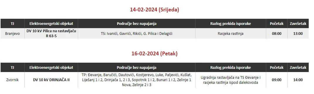 Ove srijede bez struje pet naselja na području Zvornika