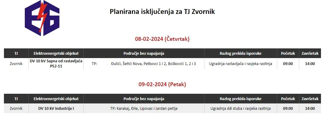 Ovog četvrtka bez struje četiri zvornička naselja
