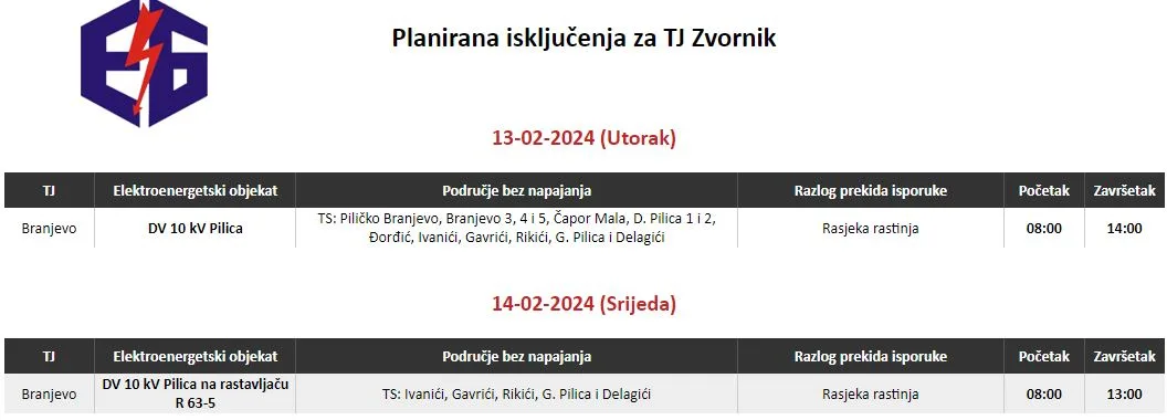 Ovog utorka bez struje oko hiljadu korisnika na području Zvornika