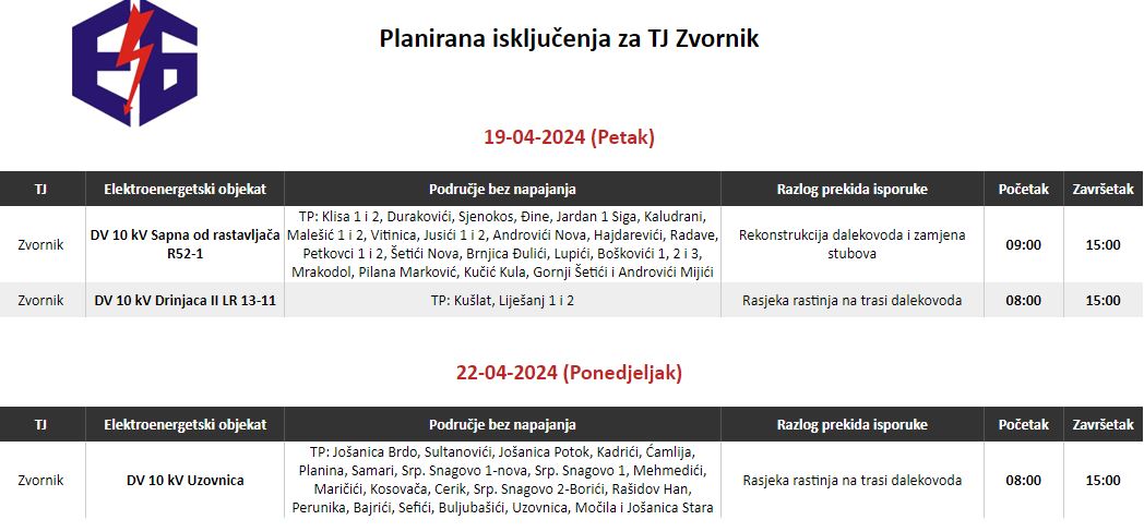 Hiljade korisnika bez struje ovog petka zbog radova na dva dalekovoda na području Zvornika