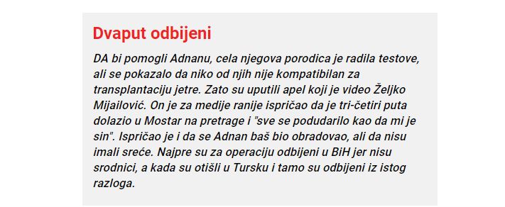 Tužno svjedočenje Željka Mijailovića iz Lešnice, koji je želio donirati dio jetre preminulom mladiću Adnanu iz Mostara