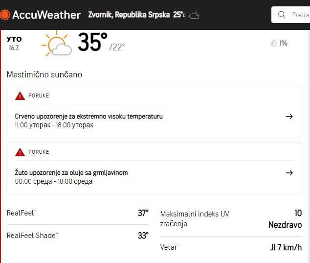 Paklene vrućine i meteoalarm danas za područje Zvornika, evo šta nas čeka do početka vikenda