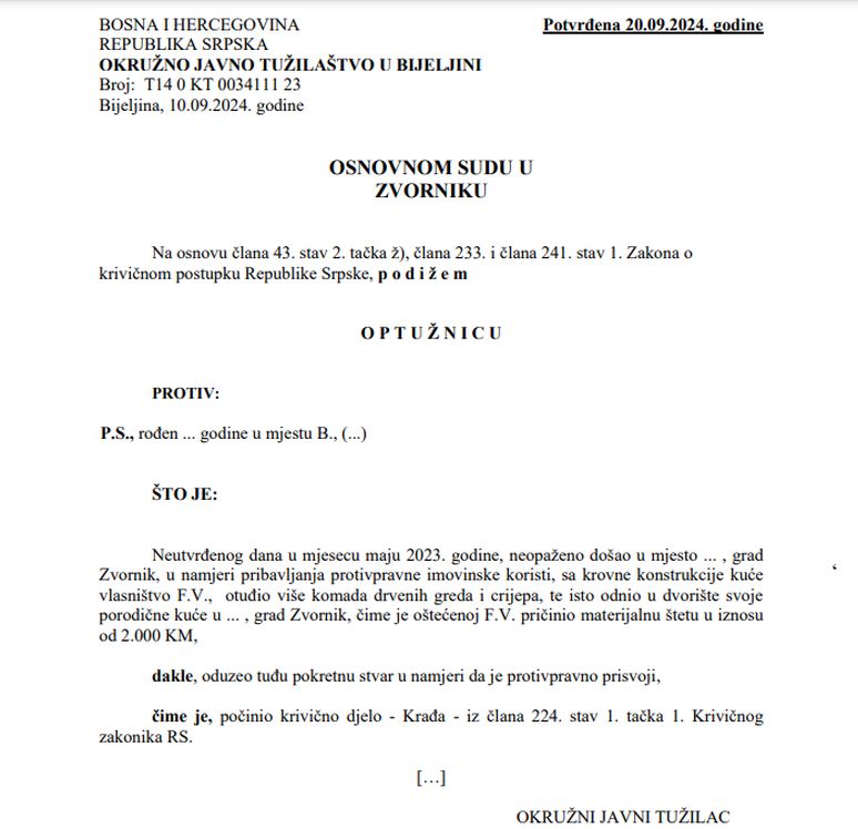 Potvrđena optužnica protiv Zvorničanina koji je od komšinice otuđio krovnu građu i crijep