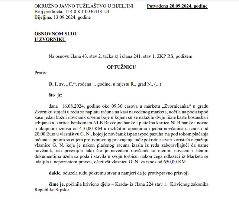 Potvrđena optužnica protiv ženske osobe koja je prisvojila zaboravljeni novčanik na kasi u jednom supermarketu u Zvorniku