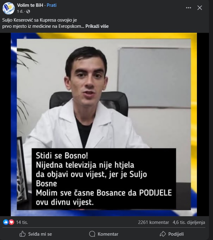 Društvenim mrežama posljednjih dana kruži fotografija muškarca za kojeg s oni koji je distribuiraju tvrde da je “Suljo sa Kupresa”, navodno dobitnik prve nagrade na evropskom takmičenju studenata medicine.