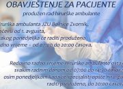 OBAVJEŠTENJE ZA PACIJENTE – produžen rad hirurške ambulante zvorničke bolnice