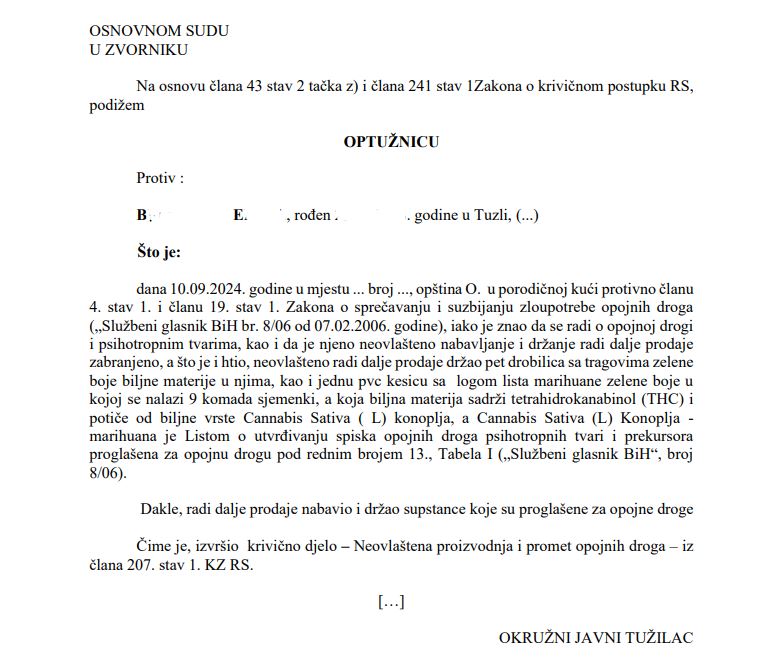 Optužnica protiv lica iz opštine Osmaci kojem su u porodičnom domu pronađene sjemenke kanabisa i drobilice