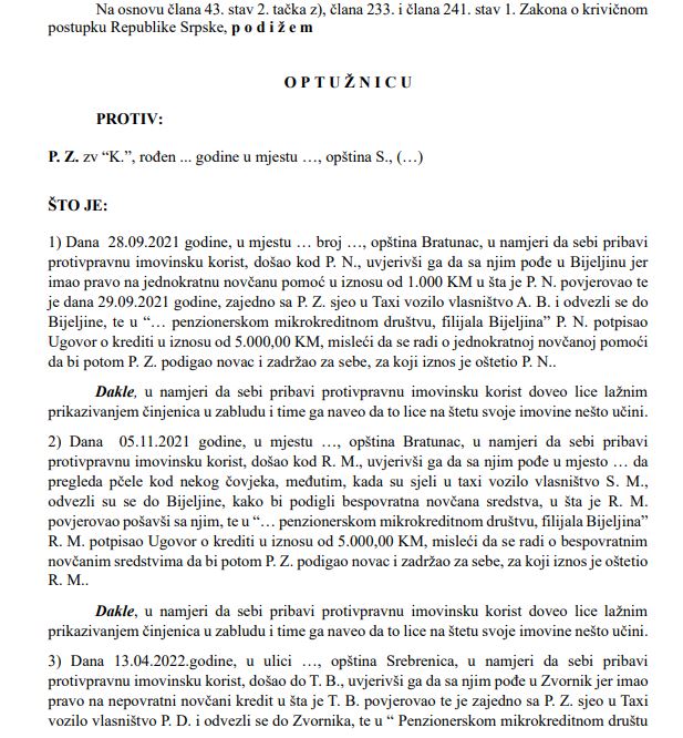 Potvrđena optužica protiv prevaranta iz Podrinja koji je godinama varao naivne penzionere iz Zvornika, Bratunca, Srebrenice...
