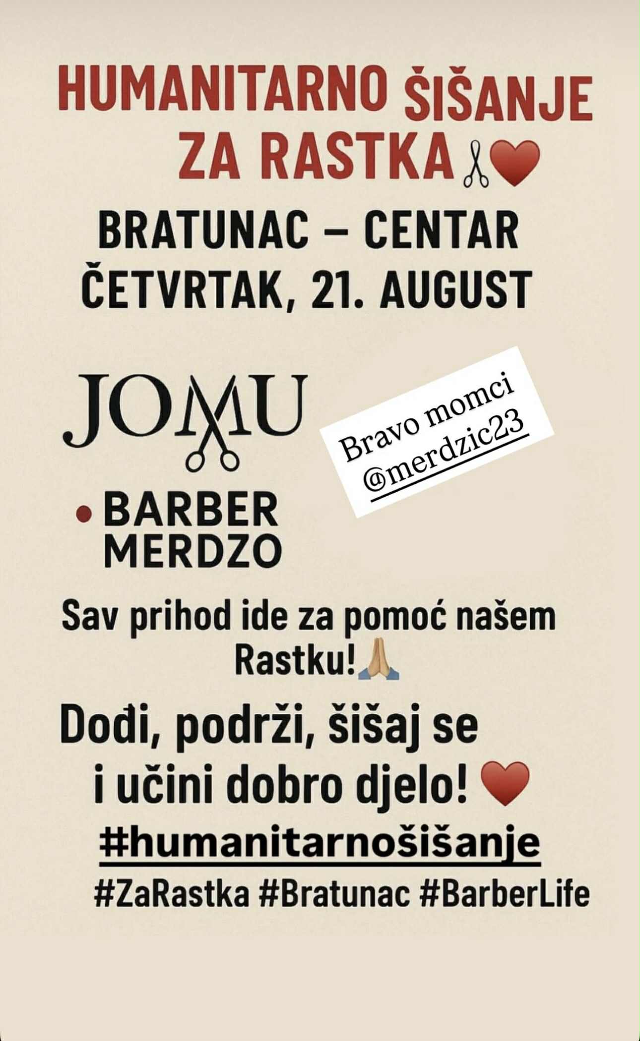 Mladi berberi iz Bratunca Merdžo i Mujo šišaju za Rastka: Humanitarna akcija u centru grada