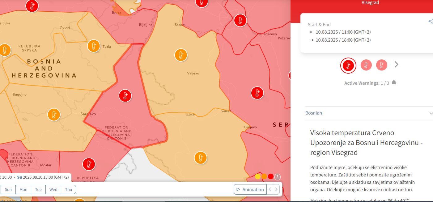 Prema prognozama, najintenzivnije temperature očekuju se u regijama Mostara, Prijedora i Višegrada, gdje će živa u termometru dosezati i do 41°C.