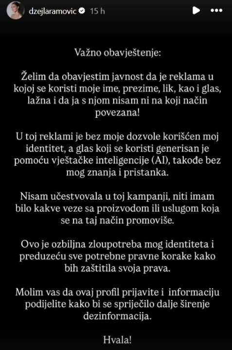 Džejla Ramović žrtva AI online prevare: "Ovo je ozbiljna zloupotreba mog identiteta"