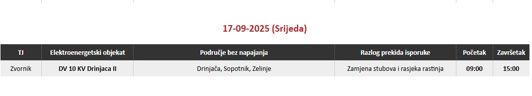 Najava planskog prekida električne energije u južnom dijelu Zvornika.
