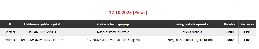 Najavljeno isključenje električne energije na području Terenske jedinice Zvornik u petak 17. oktobra