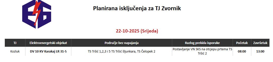 I ove sedmice planirana isključenja električne energijea na području Terenske jedinice Zvornik