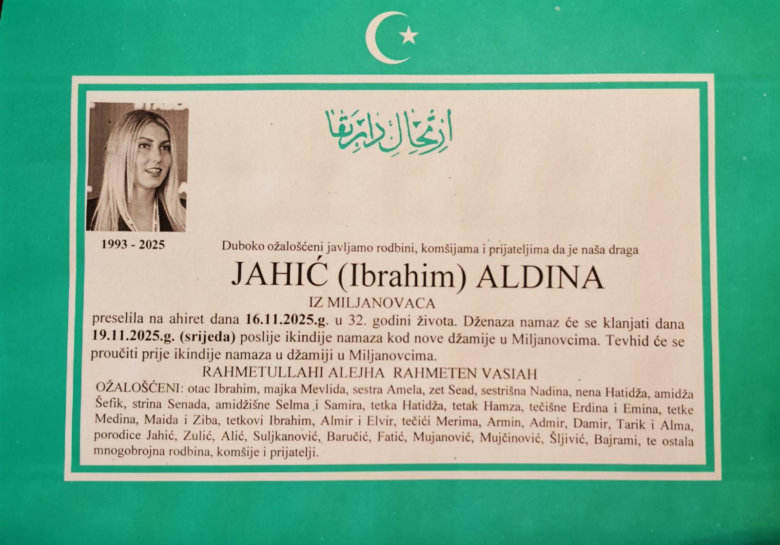 Općinski načelnik Nermin Mujkanović proglasio Dan žalosti povodom tragične smrti Aldine Jahić.