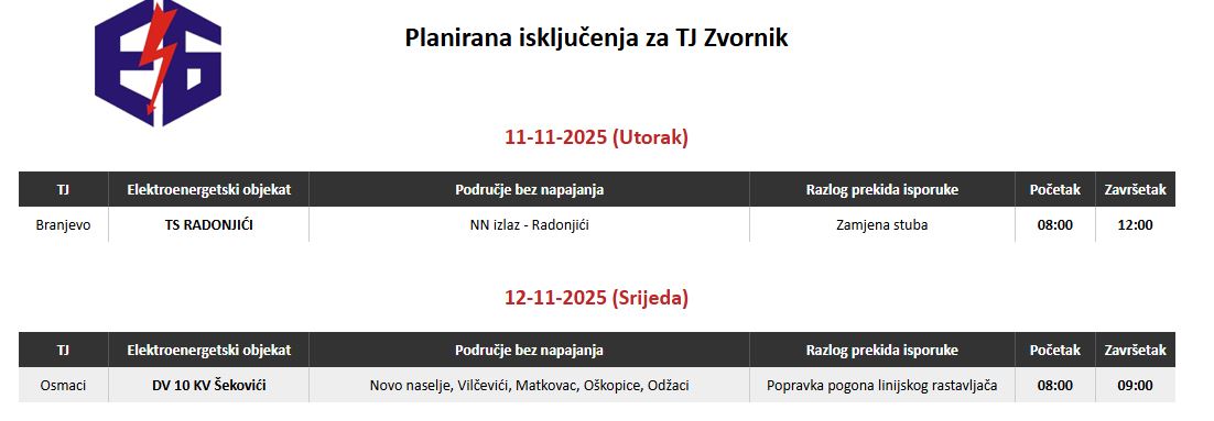 Najavljeno isključenje električne energije na području Terenske jedinice Zvornik