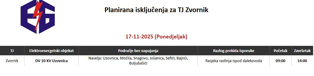 Planirano isključenje električne energije na području Terenske jedinice Zvornik u ponedjeljak