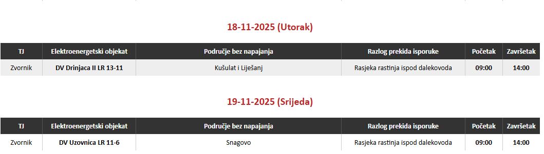 Najavljeno isključenje električne energije u utorak na području TJ Zvornik