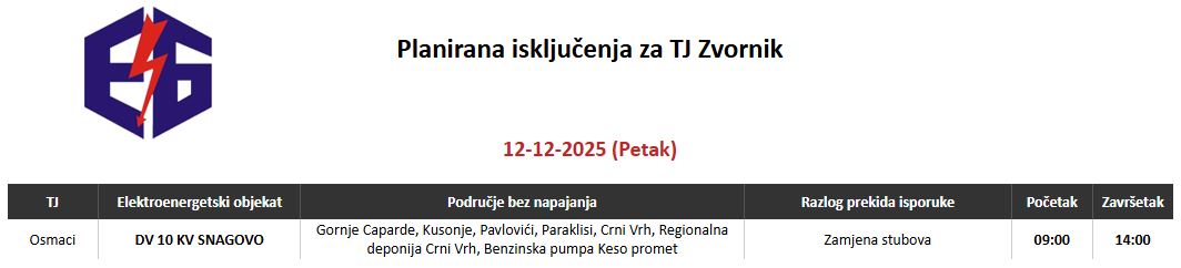 Ovog petka bez struje nekoliko naselja na području Terenske jedinice Zvornik