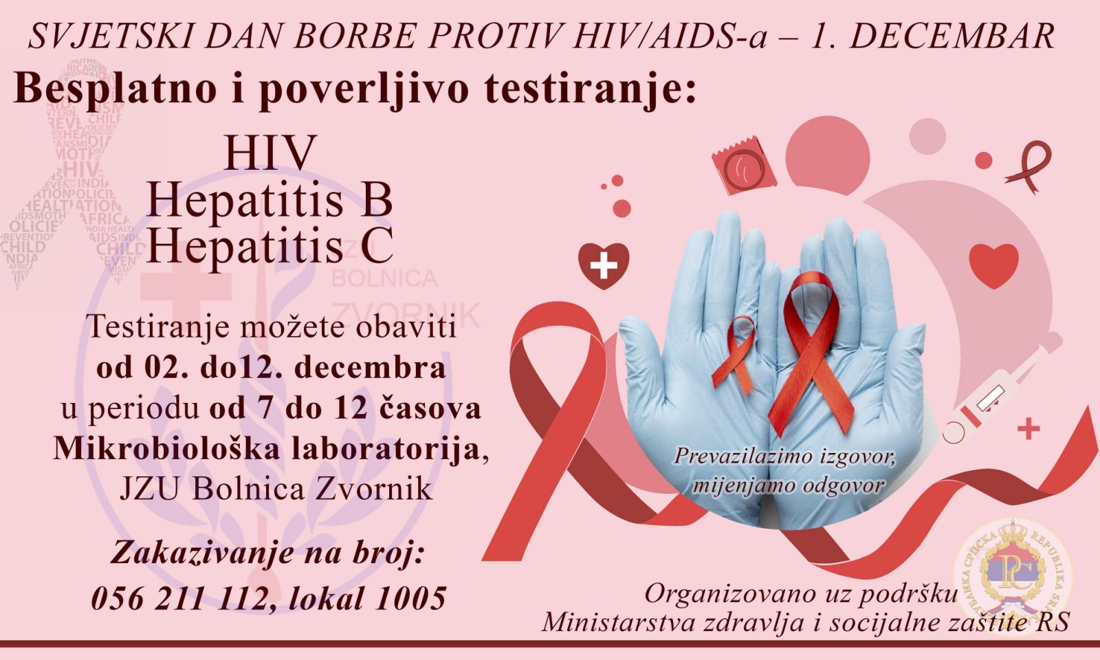 Od danas i narednih 10 dana besplatno testiranje na HIV i hepatitis u zvorničkoj bolnici