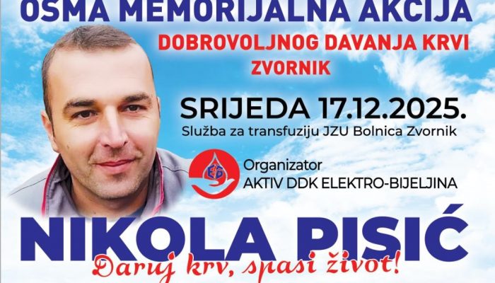 Osma memorijalna akcija darivanja krvi „Nikola Pisić“ 17. decembra u Zvorniku