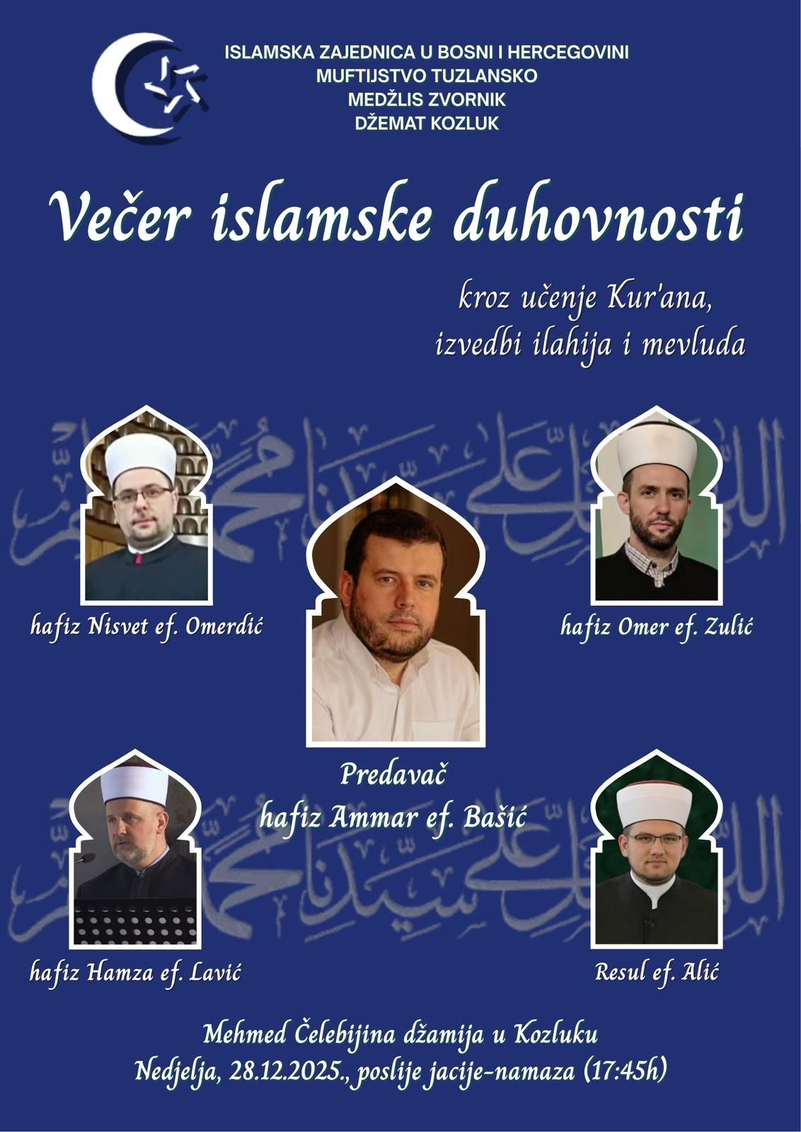 Hafiz Amar Bašić predvodi duhovnu večer u Kozluku 28. decembra