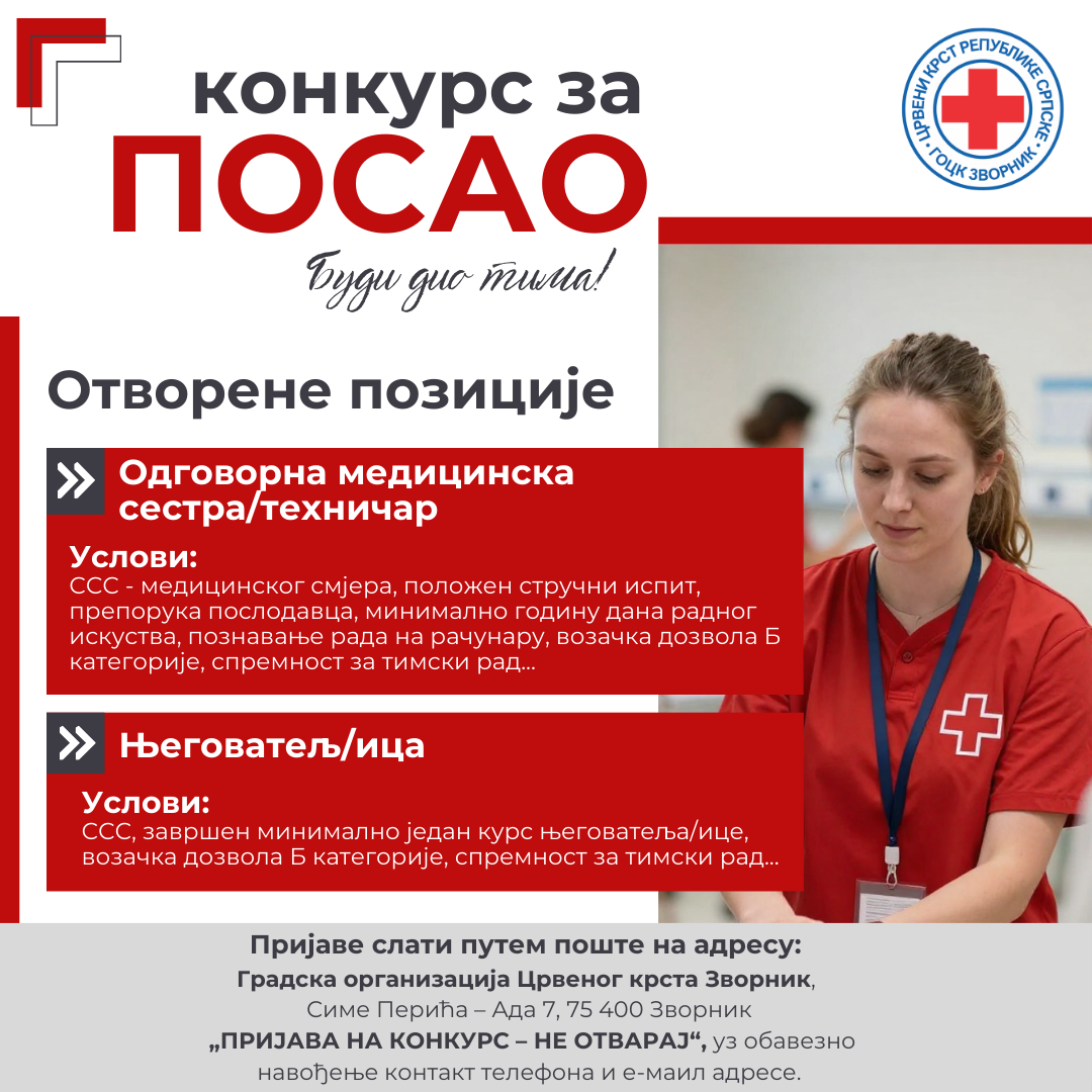 Crveni krst Zvornik raspisao konkurs za prijem radnika u program njege i pomoći u kući
