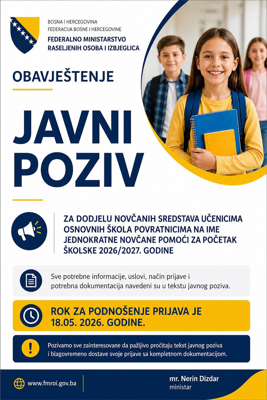Objavljen javni poziv: Do 200 KM pomoći za osnovce povratnike u BiH