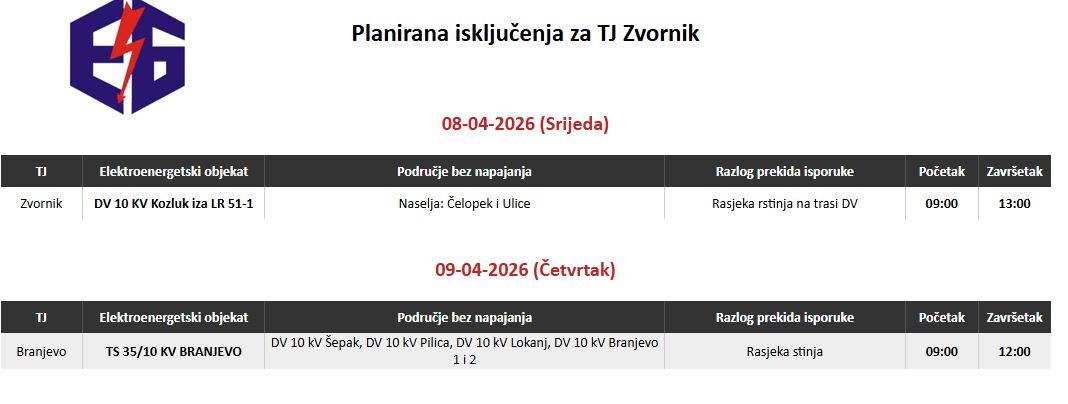 Planirana isključenja električne energije u Zvorniku i to dva dana tokom ove sedmice