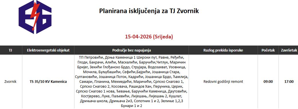 Tokom sedmice planiran veliki godišnji remont na jednoj trafostanici na području Zvornika