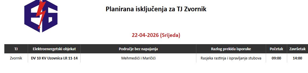 Ove srijede bez struje jedan dio Zvornika zbog radova na mreži