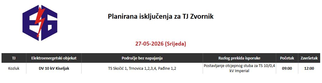 Tokom sedmice planirana obustava električne energije na području Zvornika tokom jednog dana 